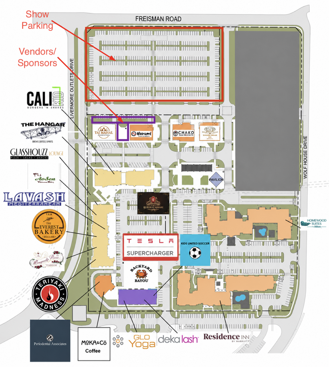 Republic Square site map — show parking along Freisman Road (red) and vendor/sponsor staging near the pavilion (purple)